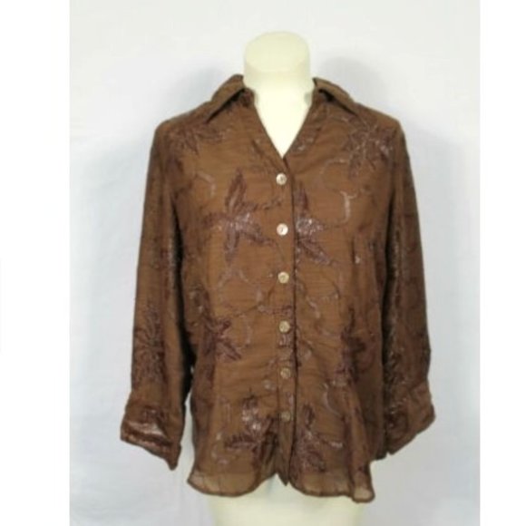 Coldwater Creek Tops - Coldwater Creek Brown Floral Artsy Crinkle Top S